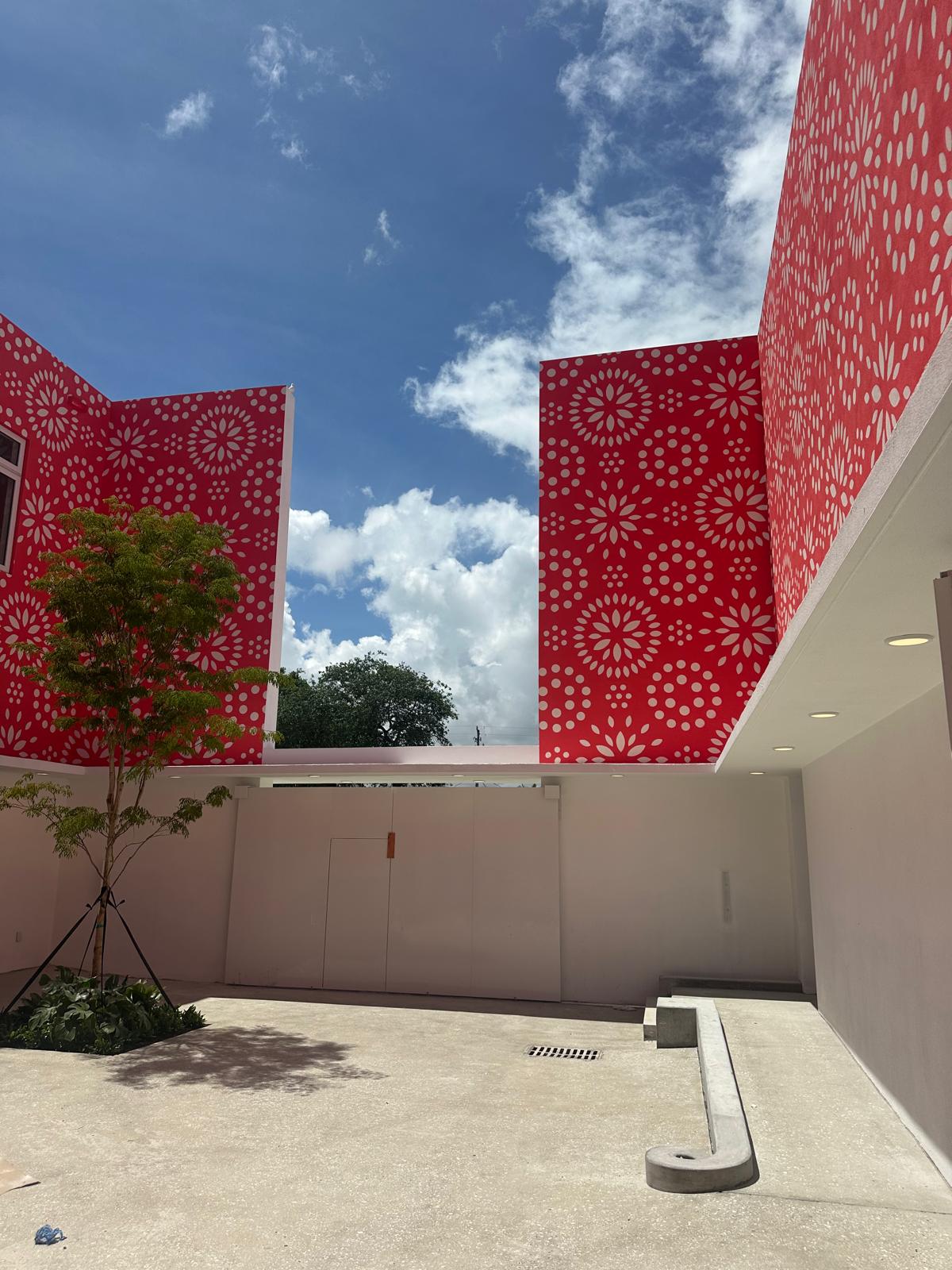 Courtyard with red art panels
